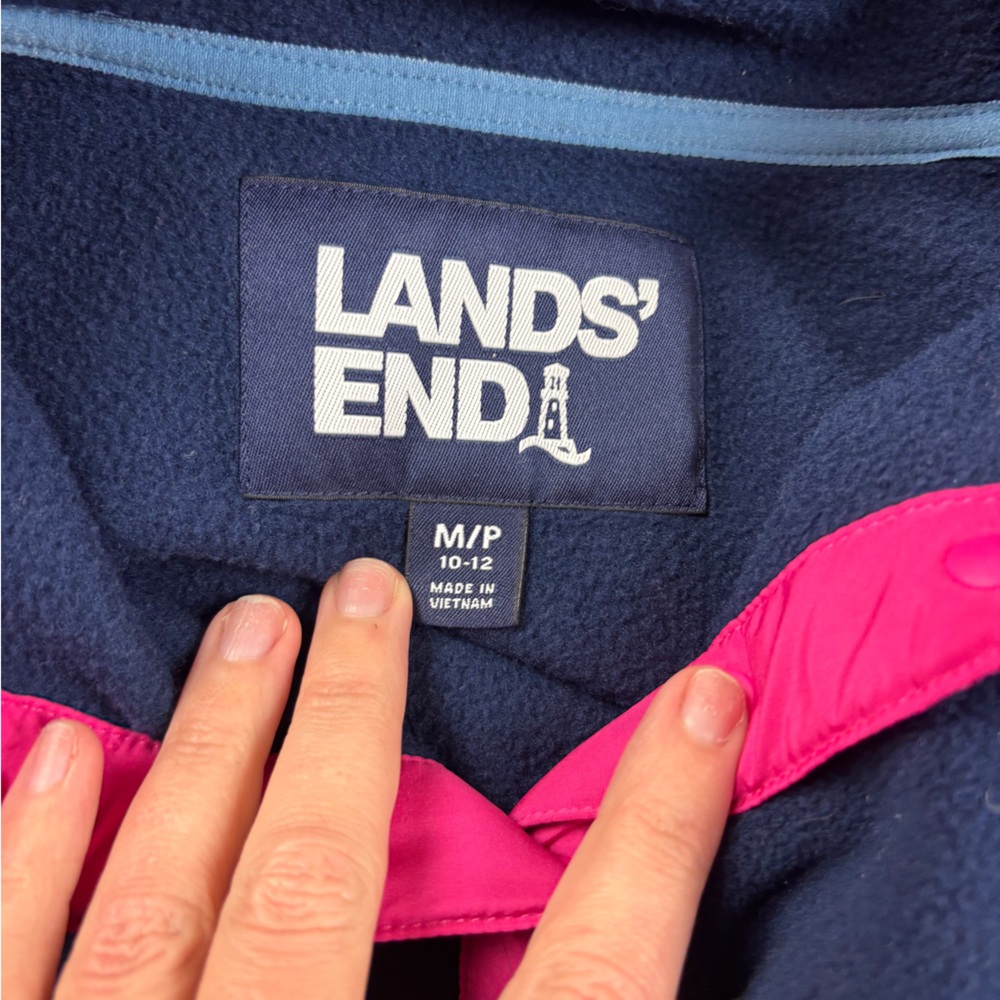 LANDS END Girls Heritage Fleece Snap Neck Sweatshirt Blue/Pink Floral Hibiscus M - Picture 3 of 7